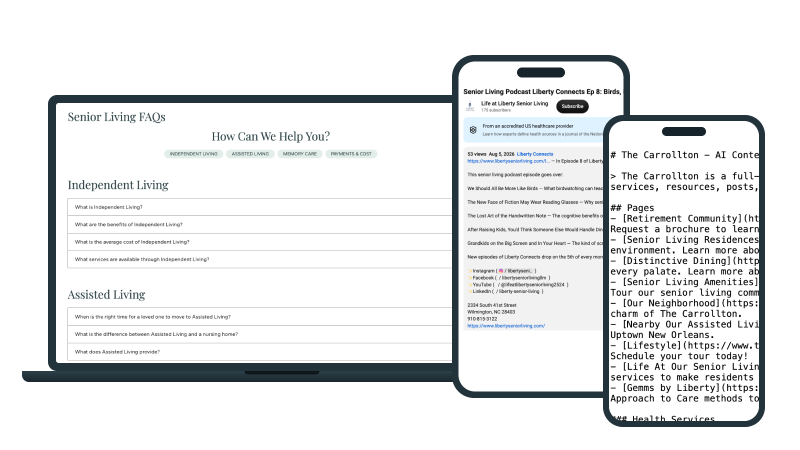 Liberty Senior Living FAQ page, Liberty Connects YouTube podcast episode, and The Carrollton llms.txt file