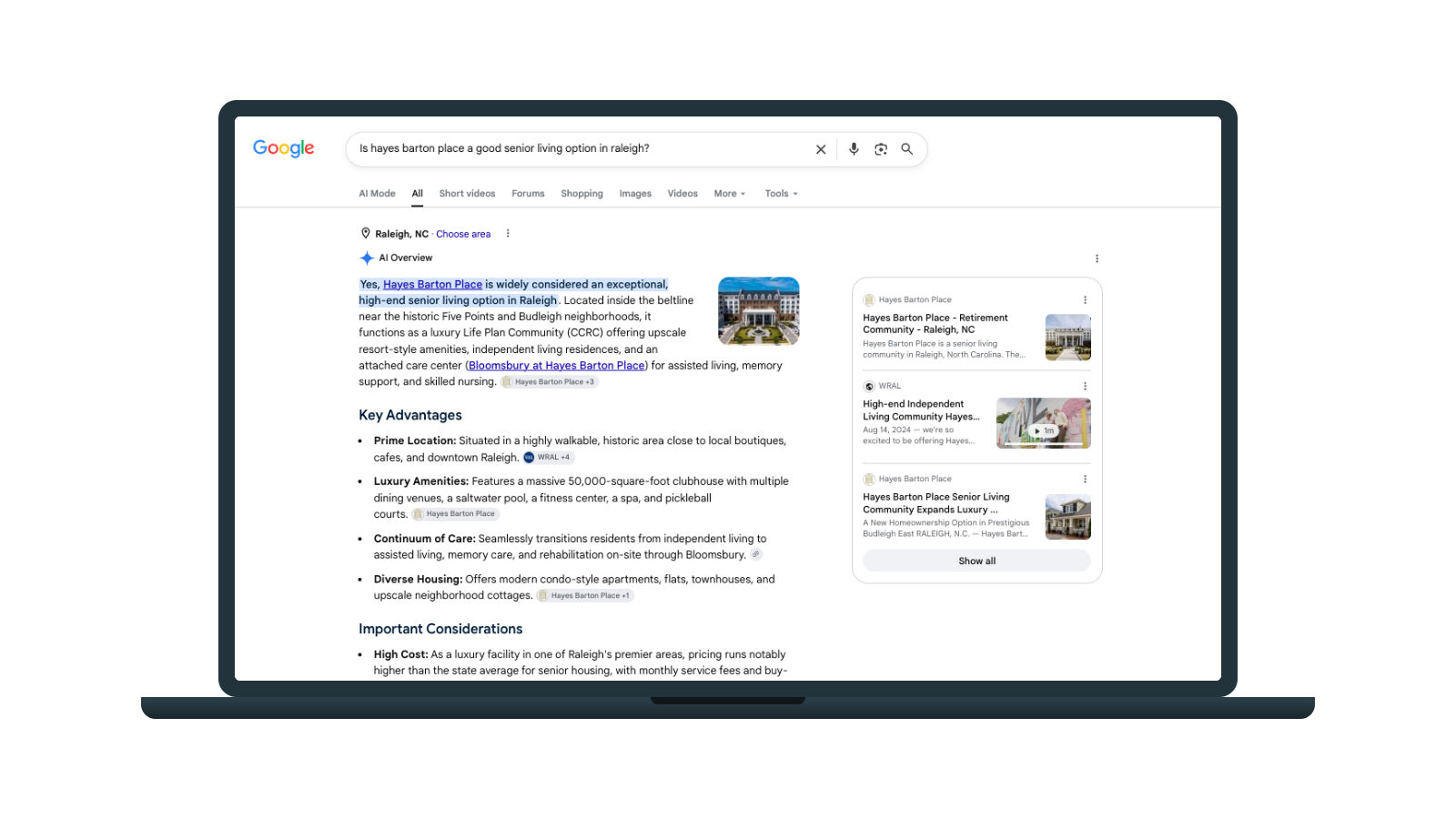 Google AI Overview answering 'Is Hayes Barton Place a good senior living option in Raleigh?'